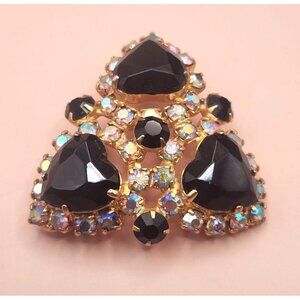 Black Onyx & Aurora Borealis Rhinestone Raised Vintage Brooch